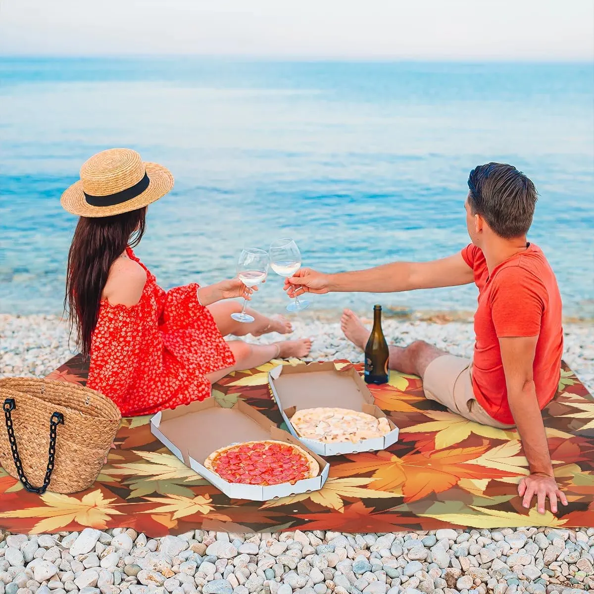 Beach Blanket, Maple Leaves Sandproof Beach Mat, Waterproof Quick Drying Sand Free Mat with 4 x Ground Spikes for Outdoor Travel Camping Hiking, Fall Maple Leaves 68 x 59 in