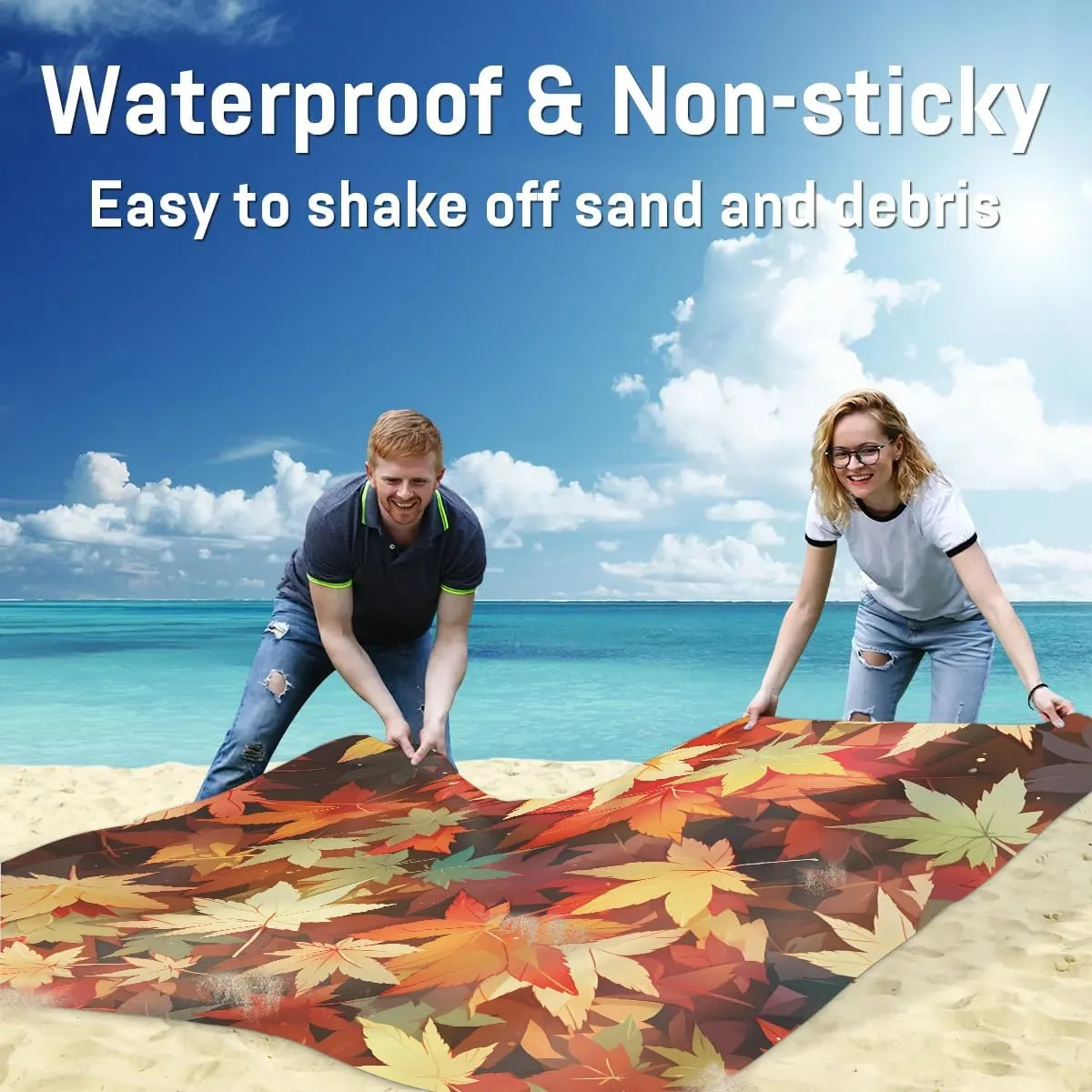 Beach Blanket, Maple Leaves Sandproof Beach Mat, Waterproof Quick Drying Sand Free Mat with 4 x Ground Spikes for Outdoor Travel Camping Hiking, Fall Maple Leaves 68 x 59 in
