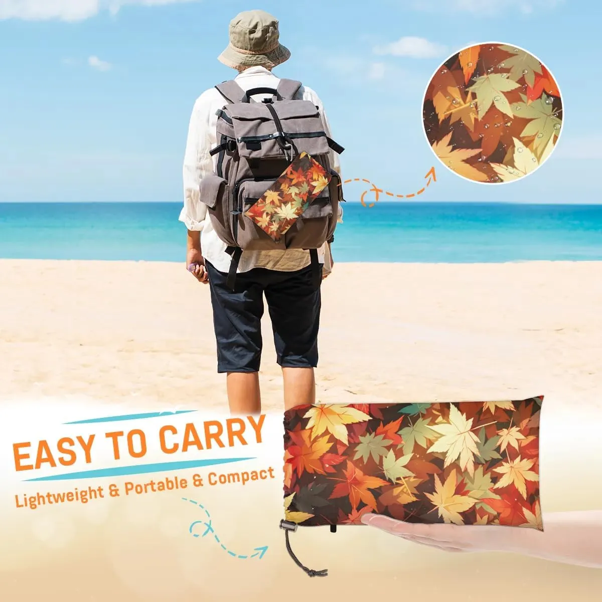 Beach Blanket, Maple Leaves Sandproof Beach Mat, Waterproof Quick Drying Sand Free Mat with 4 x Ground Spikes for Outdoor Travel Camping Hiking, Fall Maple Leaves 68 x 59 in