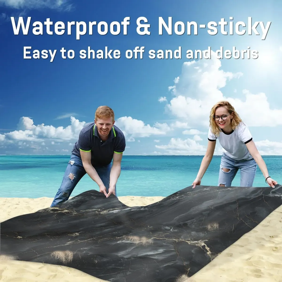 Beach Blanket, Marble Black Sandproof Beach Mat, Waterproof Quick Drying Sand Free Mat with 4 x Ground Spikes for Outdoor Travel Camping Hiking, Abstract Marble 68 x 59 in