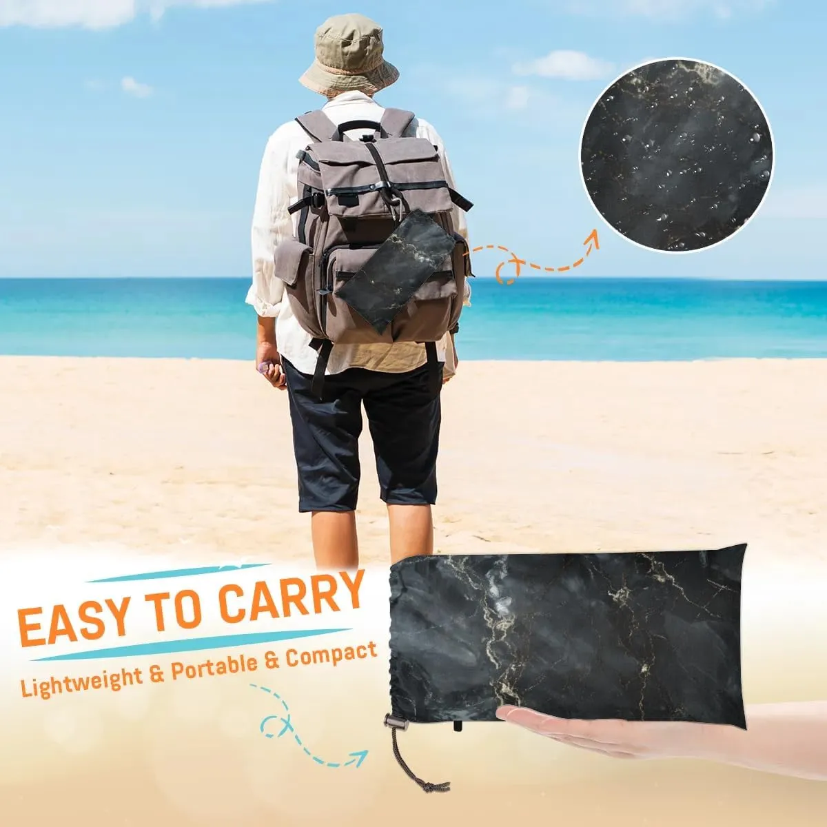 Beach Blanket, Marble Black Sandproof Beach Mat, Waterproof Quick Drying Sand Free Mat with 4 x Ground Spikes for Outdoor Travel Camping Hiking, Abstract Marble 68 x 59 in
