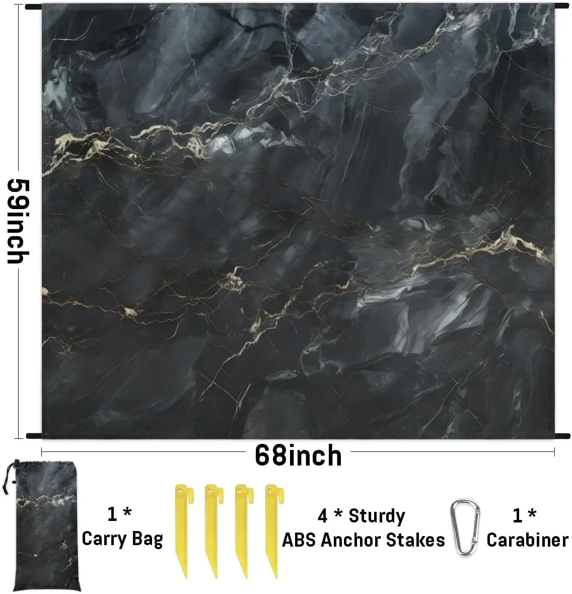 Beach Blanket, Marble Black Sandproof Beach Mat, Waterproof Quick Drying Sand Free Mat with 4 x Ground Spikes for Outdoor Travel Camping Hiking, Abstract Marble 68 x 59 in