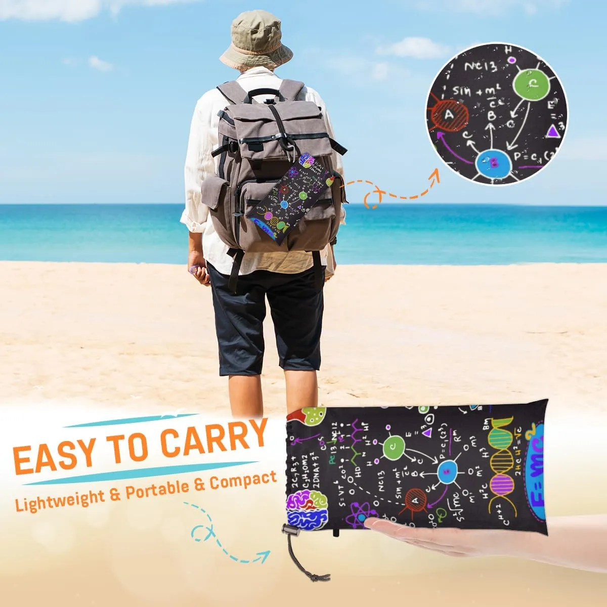 Beach Blanket, Medical Sandproof Beach Mat, Waterproof Quick Drying Sand Free Mat with 4 x Ground Spikes for Outdoor Travel Camping Hiking, Science 68 x 59 in
