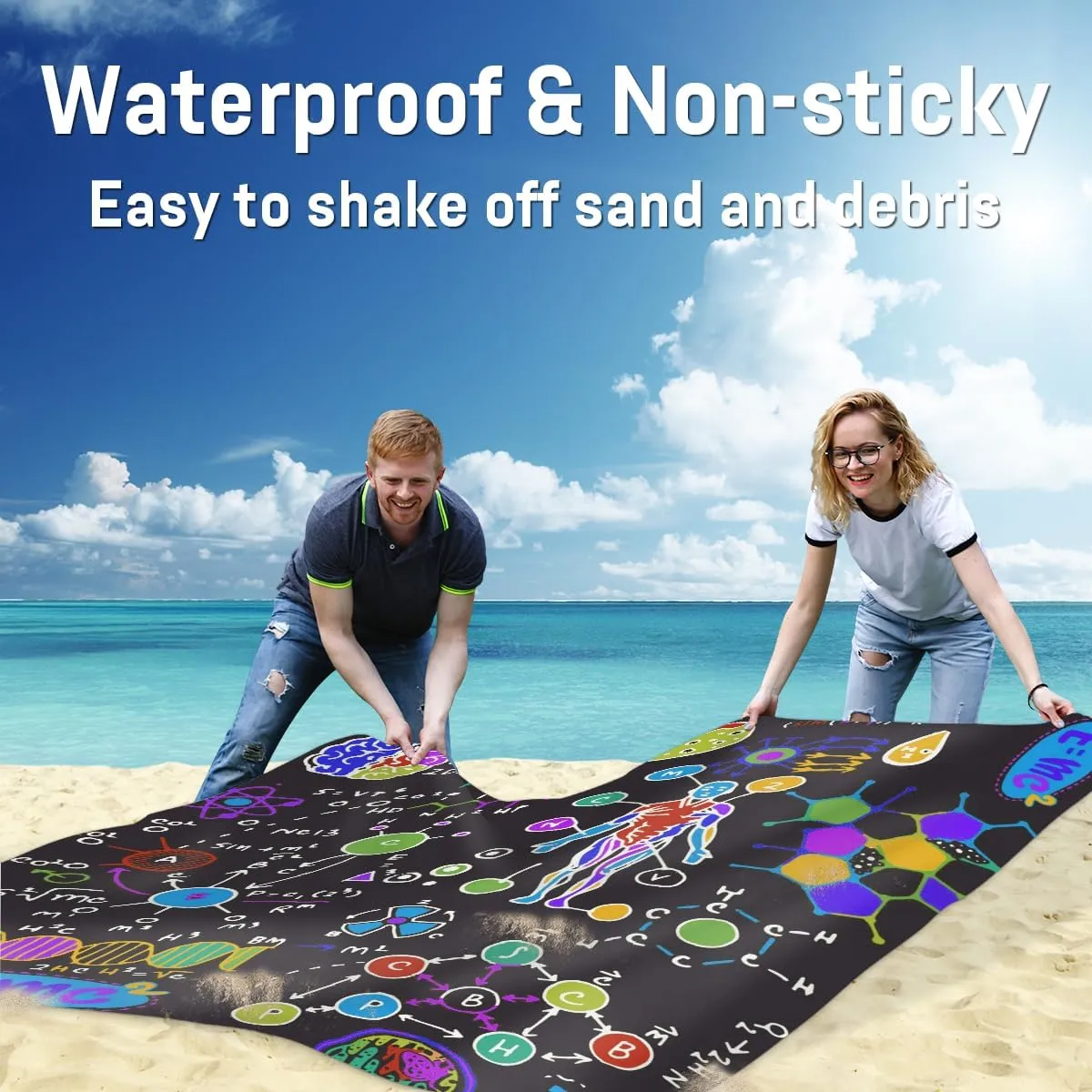 Beach Blanket, Medical Sandproof Beach Mat, Waterproof Quick Drying Sand Free Mat with 4 x Ground Spikes for Outdoor Travel Camping Hiking, Science 68 x 59 in
