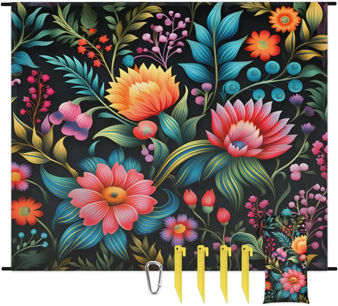 Beach Blanket, Mexico Floral Sandproof Beach Mat, Waterproof Quick Drying Sand Free Mat with 4 x Ground Spikes for Outdoor Travel Camping Hiking, Abstract Flower 68 x 59 in