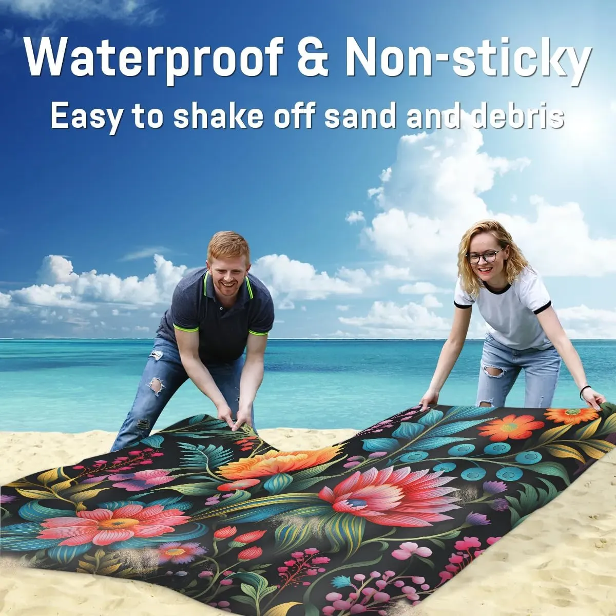 Beach Blanket, Mexico Floral Sandproof Beach Mat, Waterproof Quick Drying Sand Free Mat with 4 x Ground Spikes for Outdoor Travel Camping Hiking, Abstract Flower 68 x 59 in