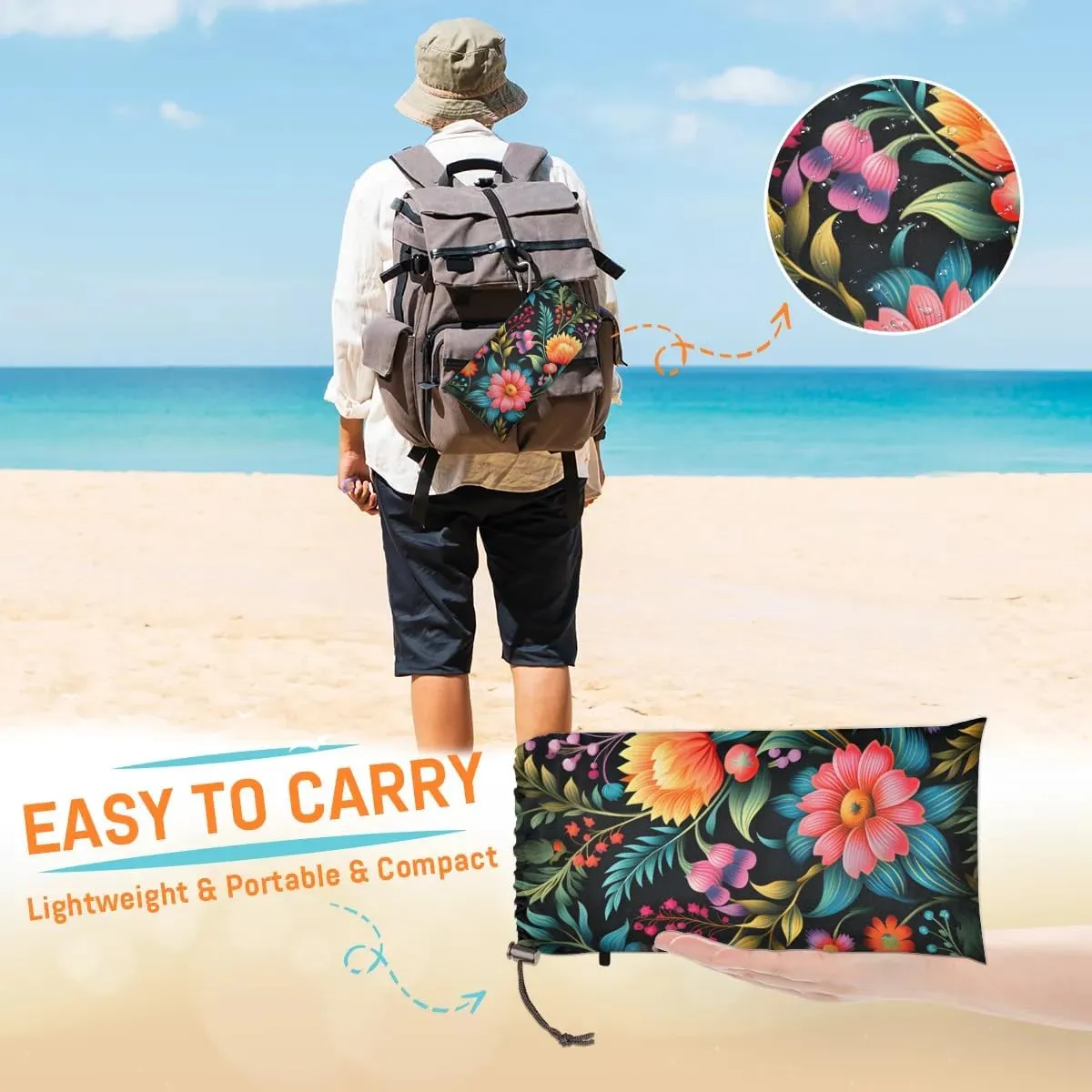 Beach Blanket, Mexico Floral Sandproof Beach Mat, Waterproof Quick Drying Sand Free Mat with 4 x Ground Spikes for Outdoor Travel Camping Hiking, Abstract Flower 68 x 59 in
