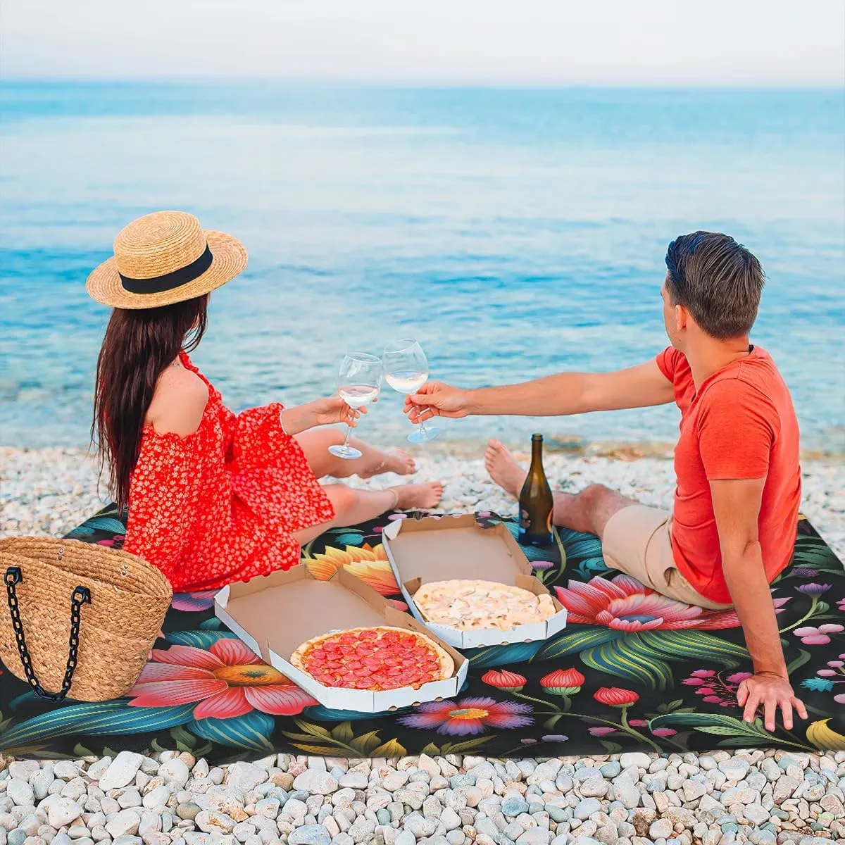 Beach Blanket, Mexico Floral Sandproof Beach Mat, Waterproof Quick Drying Sand Free Mat with 4 x Ground Spikes for Outdoor Travel Camping Hiking, Abstract Flower 68 x 59 in