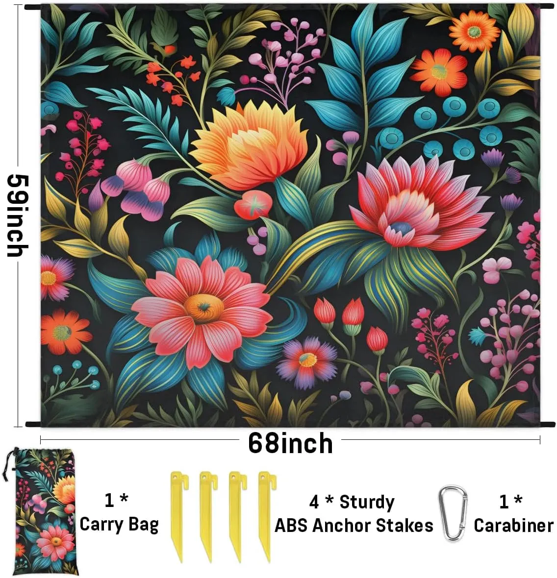 Beach Blanket, Mexico Floral Sandproof Beach Mat, Waterproof Quick Drying Sand Free Mat with 4 x Ground Spikes for Outdoor Travel Camping Hiking, Abstract Flower 68 x 59 in
