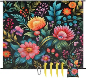 Beach Blanket, Mexico Floral Sandproof Beach Mat, Waterproof Quick Drying Sand Free Mat with 4 x Ground Spikes for Outdoor Travel Camping Hiking, Abstract Flower 68 x 59 in