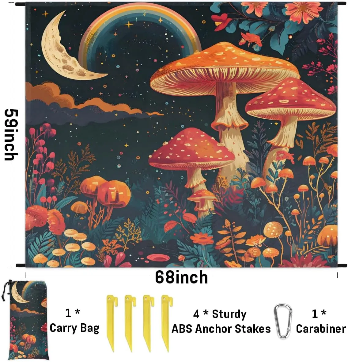 Beach Blanket, Mushroom Moon Sandproof Beach Mat, Waterproof Quick Drying Sand Free Mat with 4 x Ground Spikes for Outdoor Travel Camping Hiking, Mushrooms Wild Species 68 x 59 in