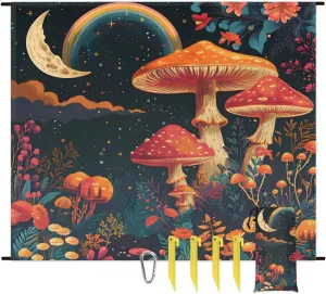 Beach Blanket, Mushroom Moon Sandproof Beach Mat, Waterproof Quick Drying Sand Free Mat with 4 x Ground Spikes for Outdoor Travel Camping Hiking, Mushrooms Wild Species 68 x 59 in