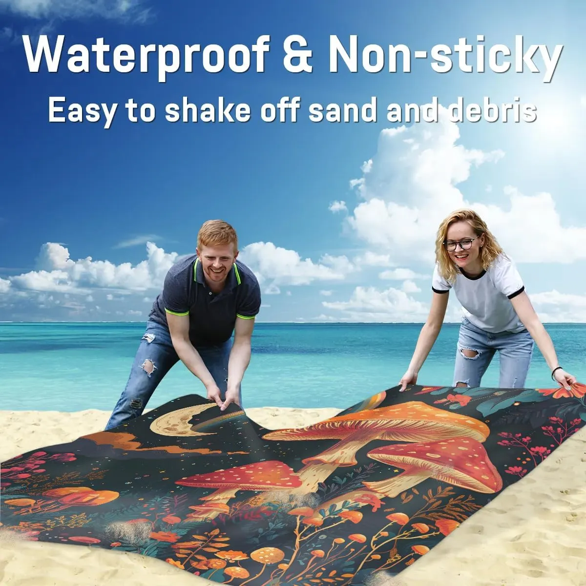 Beach Blanket, Mushroom Moon Sandproof Beach Mat, Waterproof Quick Drying Sand Free Mat with 4 x Ground Spikes for Outdoor Travel Camping Hiking, Mushrooms Wild Species 68 x 59 in
