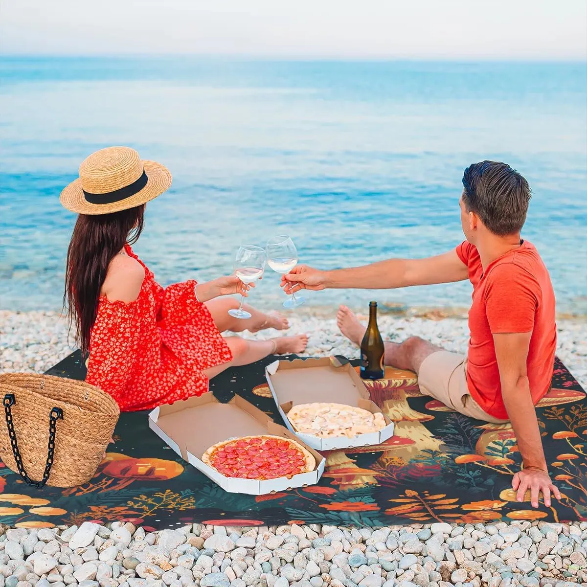 Beach Blanket, Mushroom Moon Sandproof Beach Mat, Waterproof Quick Drying Sand Free Mat with 4 x Ground Spikes for Outdoor Travel Camping Hiking, Mushrooms Wild Species 68 x 59 in