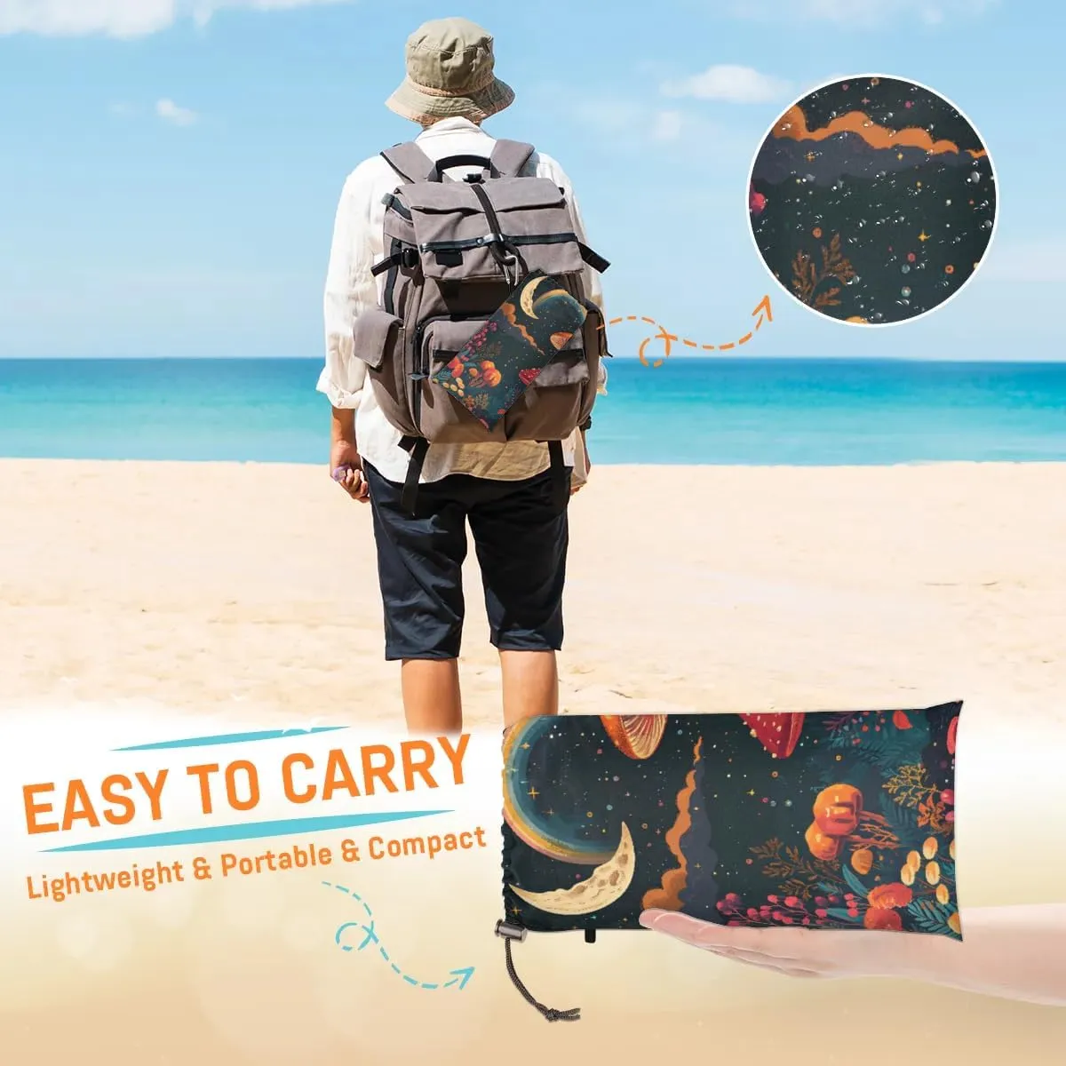 Beach Blanket, Mushroom Moon Sandproof Beach Mat, Waterproof Quick Drying Sand Free Mat with 4 x Ground Spikes for Outdoor Travel Camping Hiking, Mushrooms Wild Species 68 x 59 in