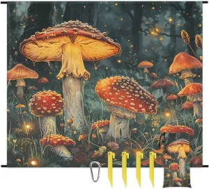 Beach Blanket, Mushroom Sandproof Beach Mat, Waterproof Quick Drying Sand Free Mat with 4 x Ground Spikes for Outdoor Travel Camping Hiking, Vintage Mushrooms 68 x 59 in