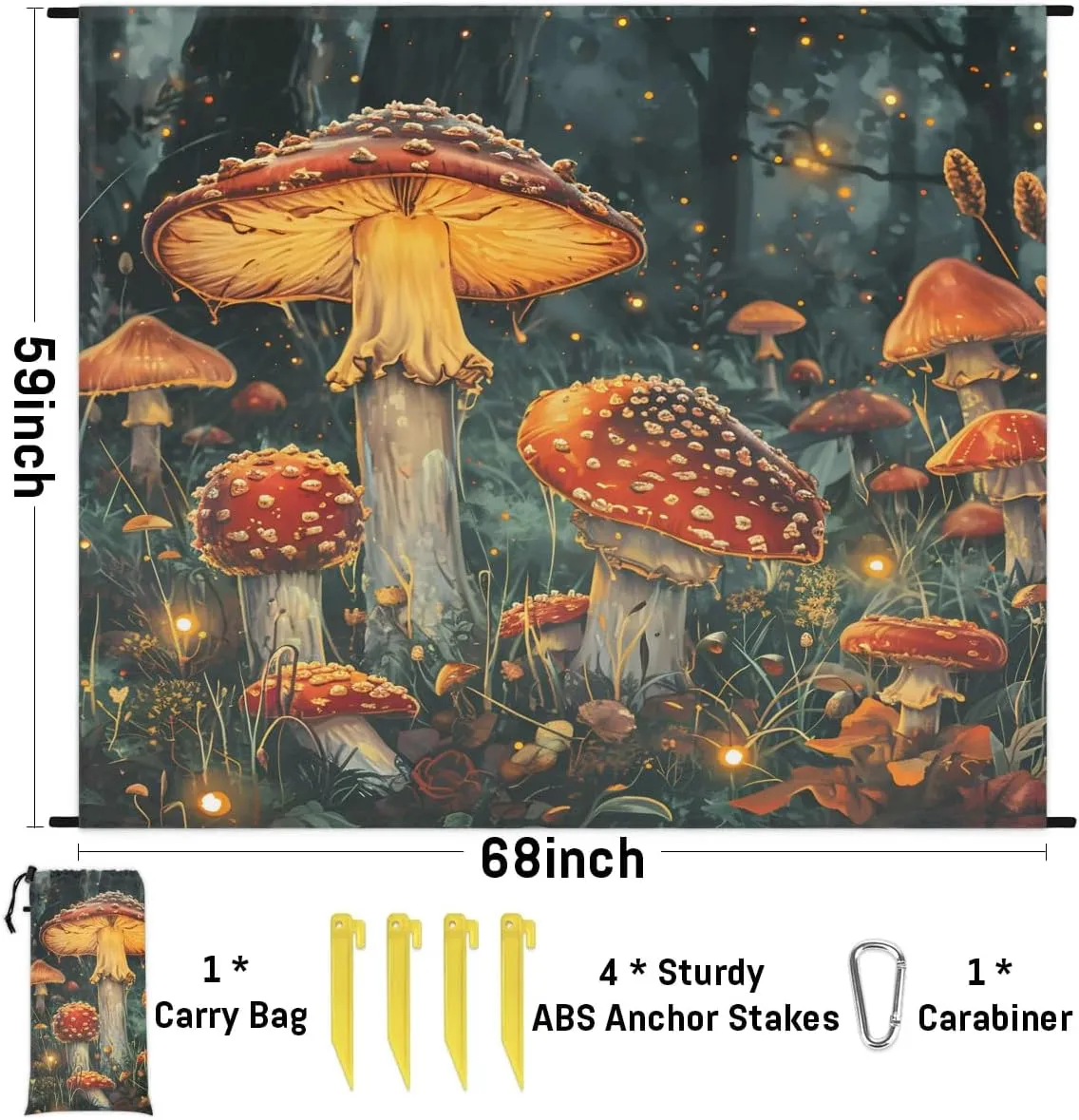 Beach Blanket, Mushroom Sandproof Beach Mat, Waterproof Quick Drying Sand Free Mat with 4 x Ground Spikes for Outdoor Travel Camping Hiking, Vintage Mushrooms 68 x 59 in