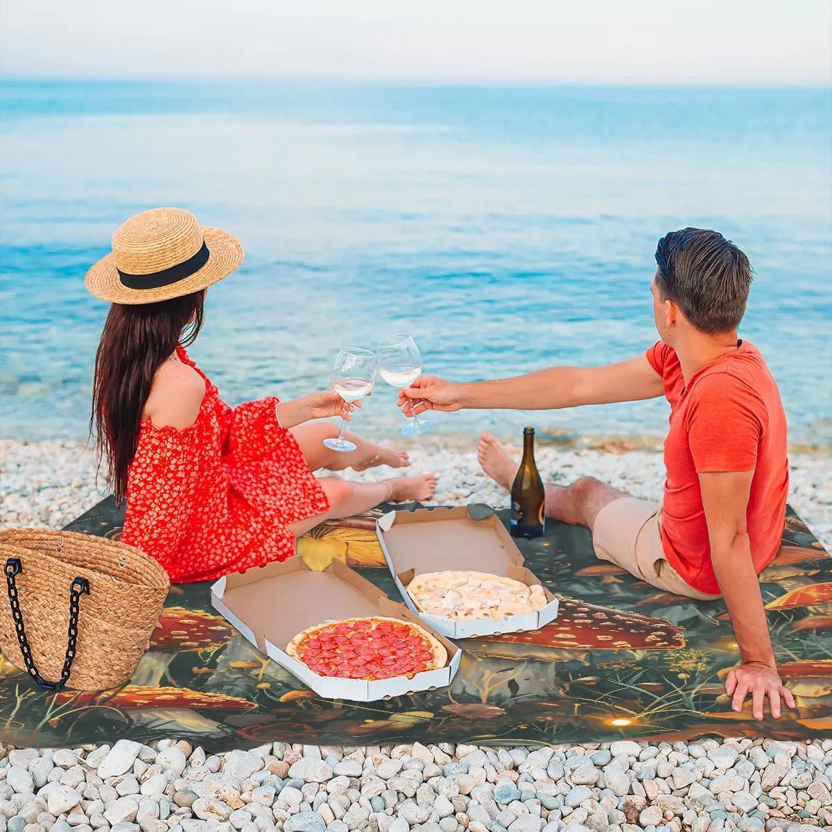 Beach Blanket, Mushroom Sandproof Beach Mat, Waterproof Quick Drying Sand Free Mat with 4 x Ground Spikes for Outdoor Travel Camping Hiking, Vintage Mushrooms 68 x 59 in