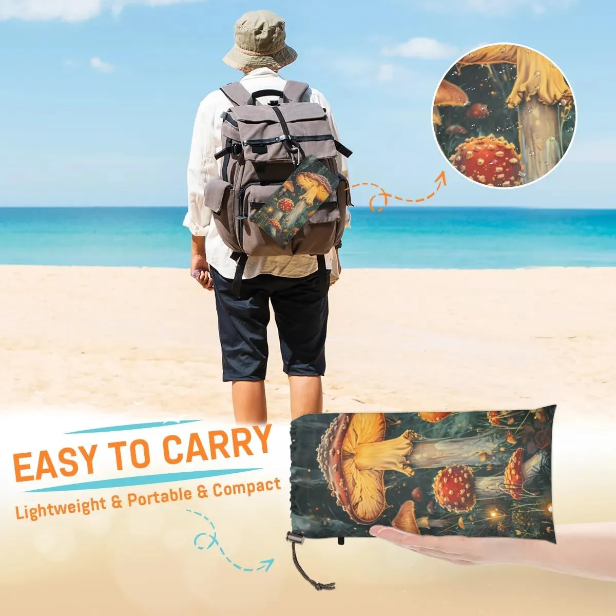 Beach Blanket, Mushroom Sandproof Beach Mat, Waterproof Quick Drying Sand Free Mat with 4 x Ground Spikes for Outdoor Travel Camping Hiking, Vintage Mushrooms 68 x 59 in