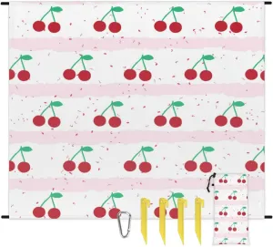 Beach Blanket, Red Cherry Sandproof Beach Mat, Waterproof Quick Drying Sand Free Mat with 4 x Ground Spikes for Outdoor Travel Camping Hiking, Striped 68 x 59 in