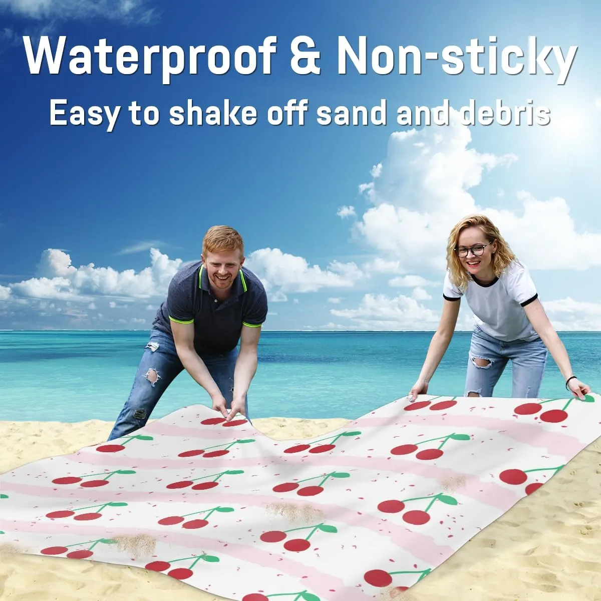 Beach Blanket, Red Cherry Sandproof Beach Mat, Waterproof Quick Drying Sand Free Mat with 4 x Ground Spikes for Outdoor Travel Camping Hiking, Striped 68 x 59 in