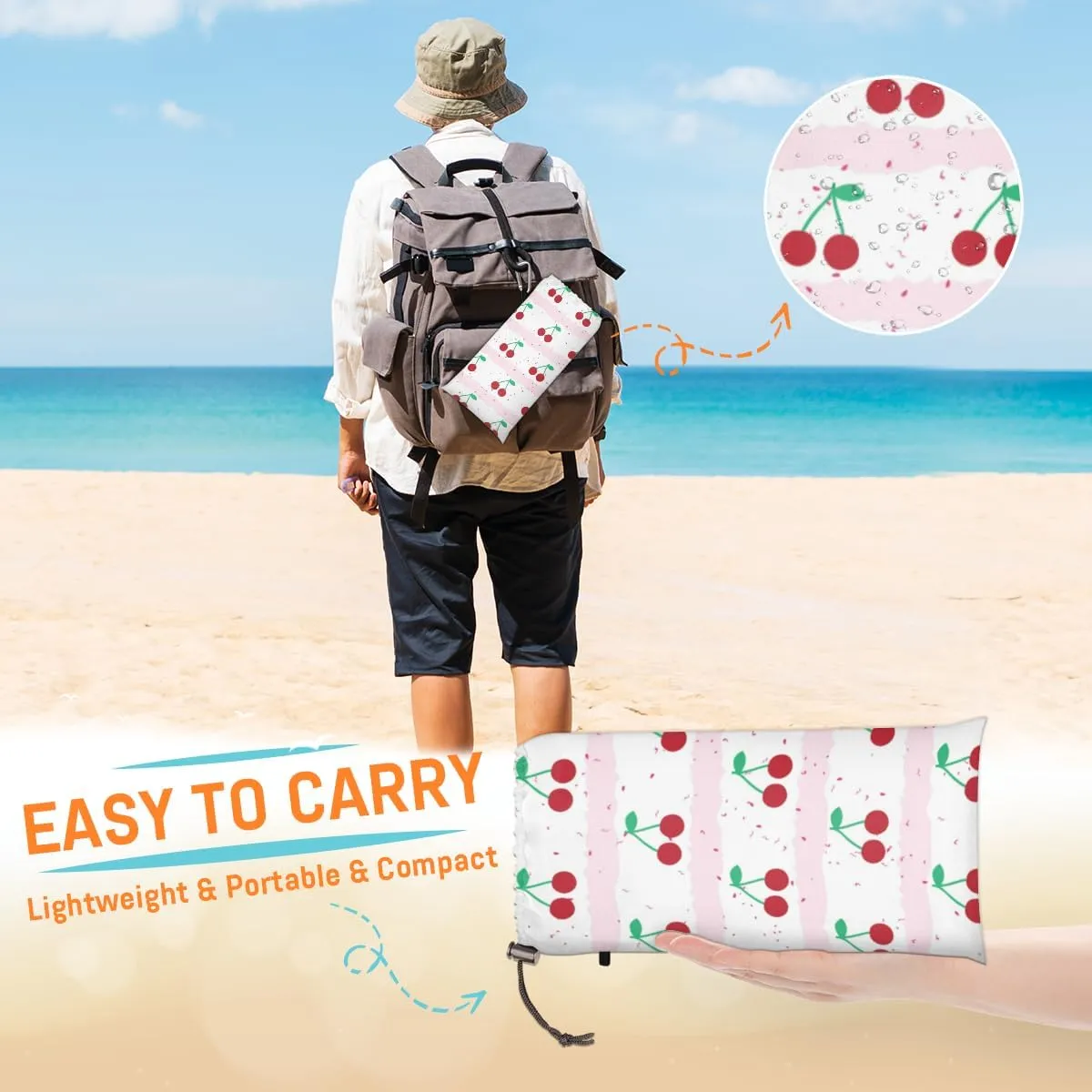 Beach Blanket, Red Cherry Sandproof Beach Mat, Waterproof Quick Drying Sand Free Mat with 4 x Ground Spikes for Outdoor Travel Camping Hiking, Striped 68 x 59 in
