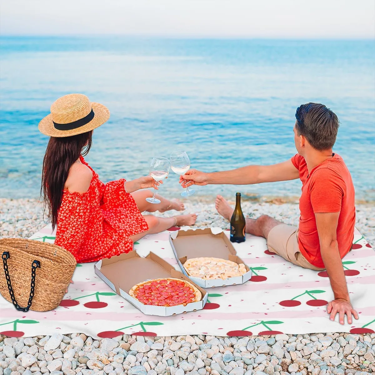 Beach Blanket, Red Cherry Sandproof Beach Mat, Waterproof Quick Drying Sand Free Mat with 4 x Ground Spikes for Outdoor Travel Camping Hiking, Striped 68 x 59 in