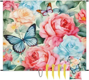 Beach Blanket, Rose Flower Sandproof Beach Mat, Waterproof Quick Drying Sand Free Mat with 4 x Ground Spikes for Outdoor Travel Camping Hiking, Butterflies Print 68 x 59 in