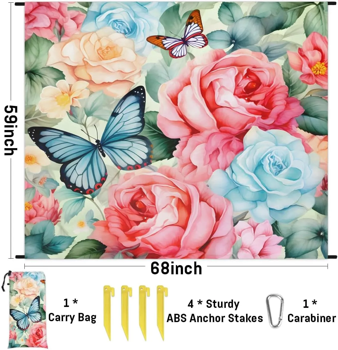 Beach Blanket, Rose Flower Sandproof Beach Mat, Waterproof Quick Drying Sand Free Mat with 4 x Ground Spikes for Outdoor Travel Camping Hiking, Butterflies Print 68 x 59 in