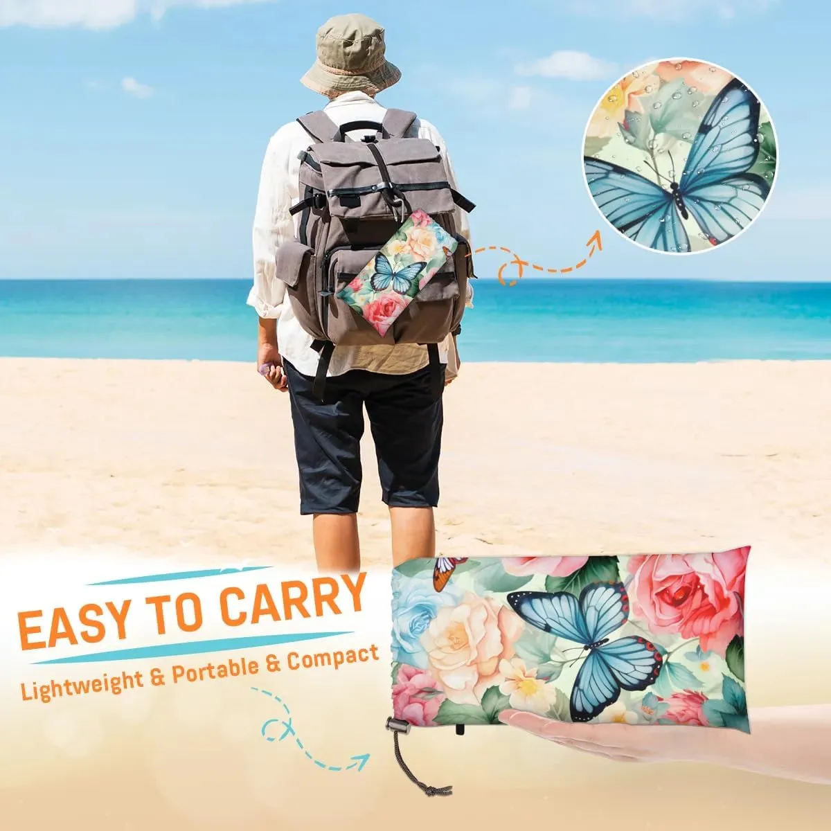 Beach Blanket, Rose Flower Sandproof Beach Mat, Waterproof Quick Drying Sand Free Mat with 4 x Ground Spikes for Outdoor Travel Camping Hiking, Butterflies Print 68 x 59 in