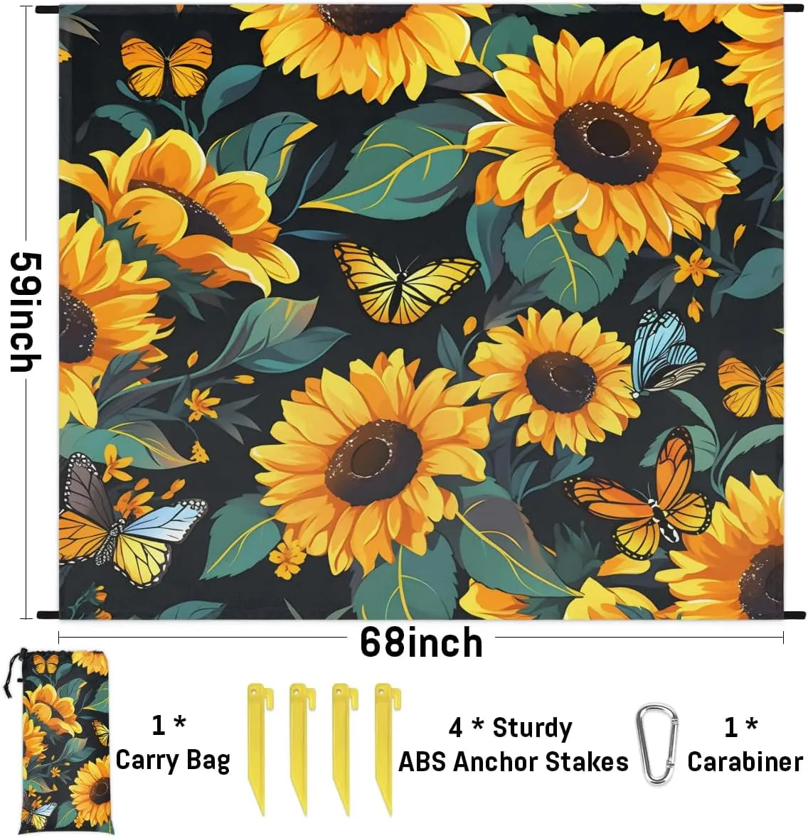 Beach Blanket, Rustic Sunflower Sandproof Beach Mat, Waterproof Quick Drying Sand Free Mat with 4 x Ground Spikes for Outdoor Travel Camping Hiking, Yellow Sunflower Butterfly 68 x 59 in