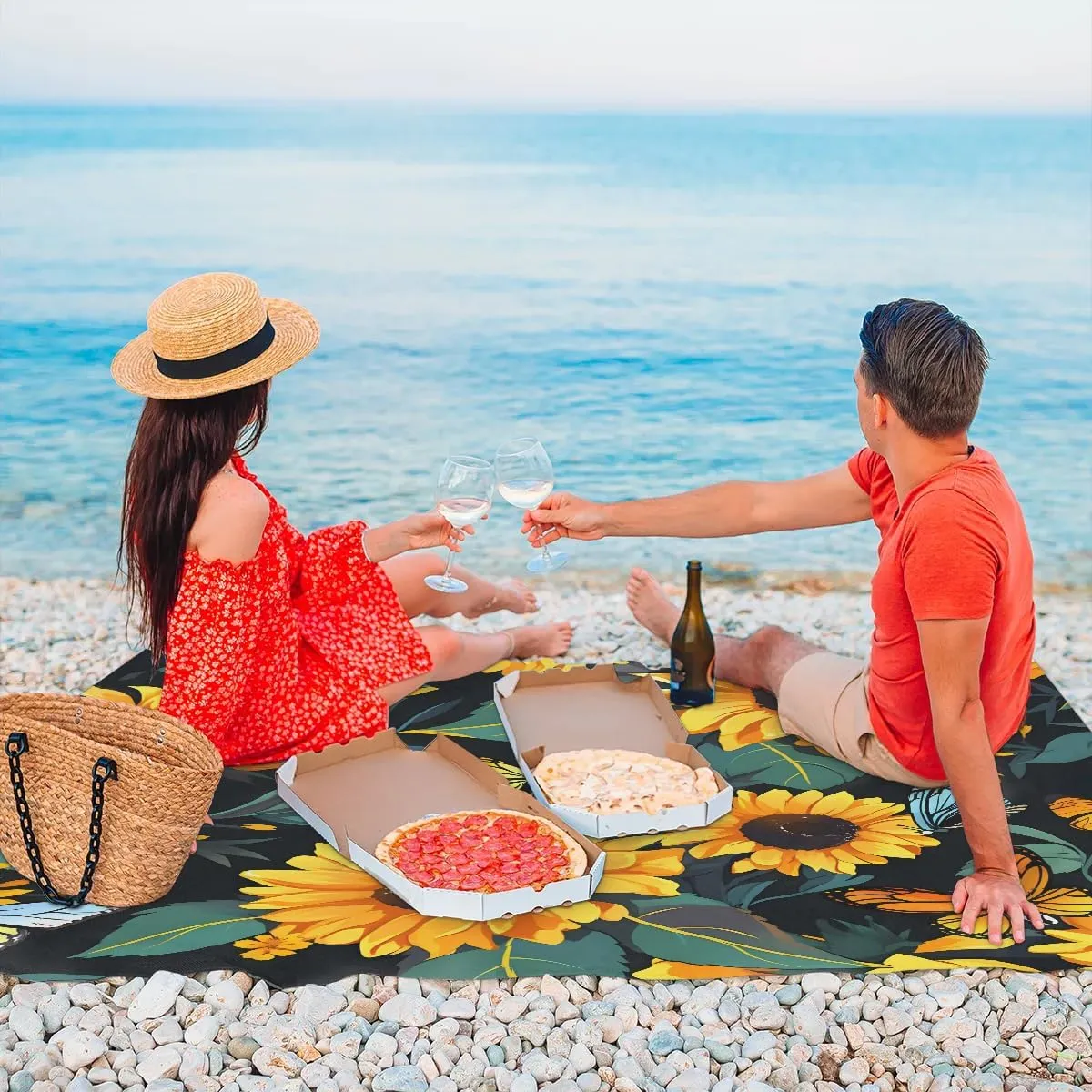 Beach Blanket, Rustic Sunflower Sandproof Beach Mat, Waterproof Quick Drying Sand Free Mat with 4 x Ground Spikes for Outdoor Travel Camping Hiking, Yellow Sunflower Butterfly 68 x 59 in