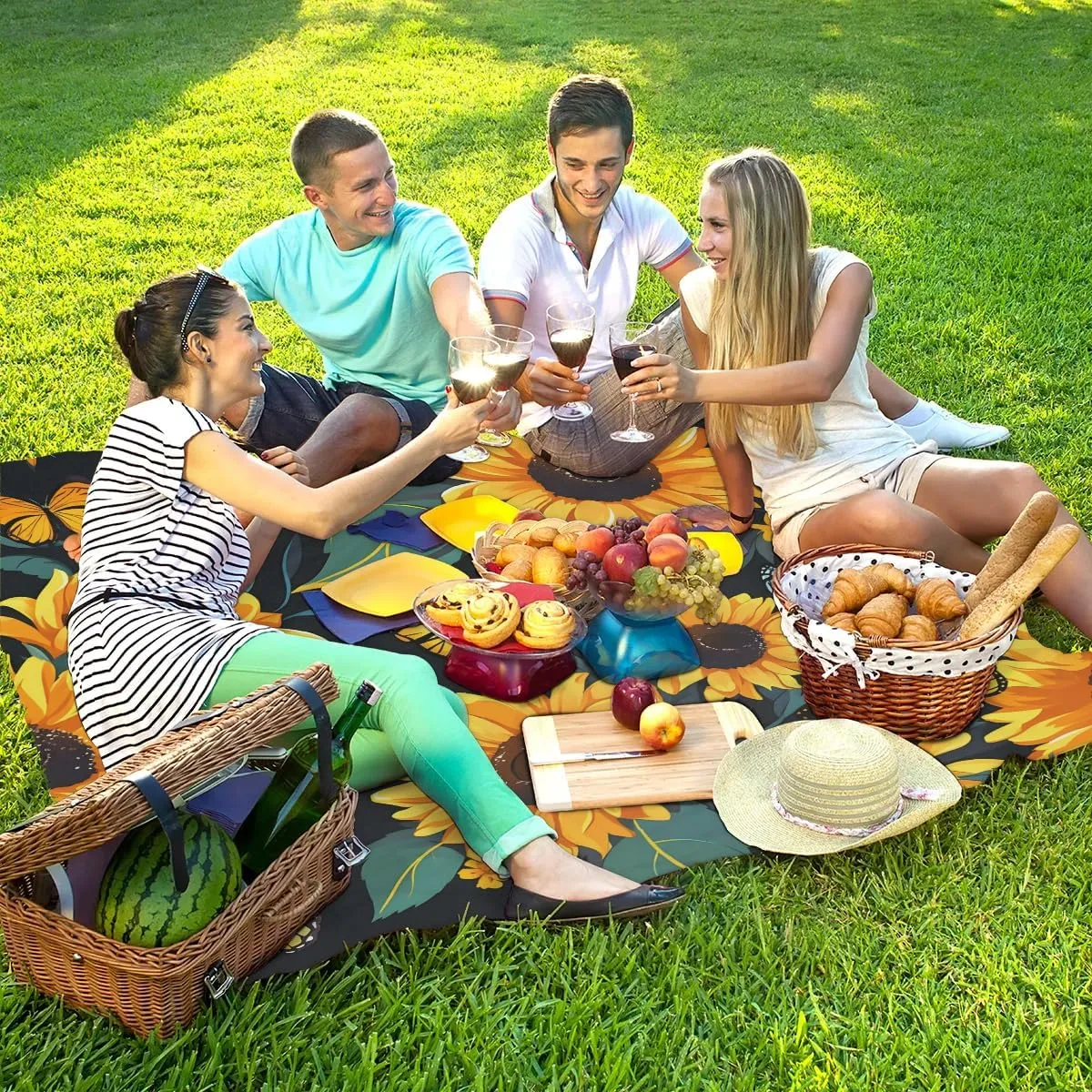 Beach Blanket, Rustic Sunflower Sandproof Beach Mat, Waterproof Quick Drying Sand Free Mat with 4 x Ground Spikes for Outdoor Travel Camping Hiking, Yellow Sunflower Butterfly 68 x 59 in