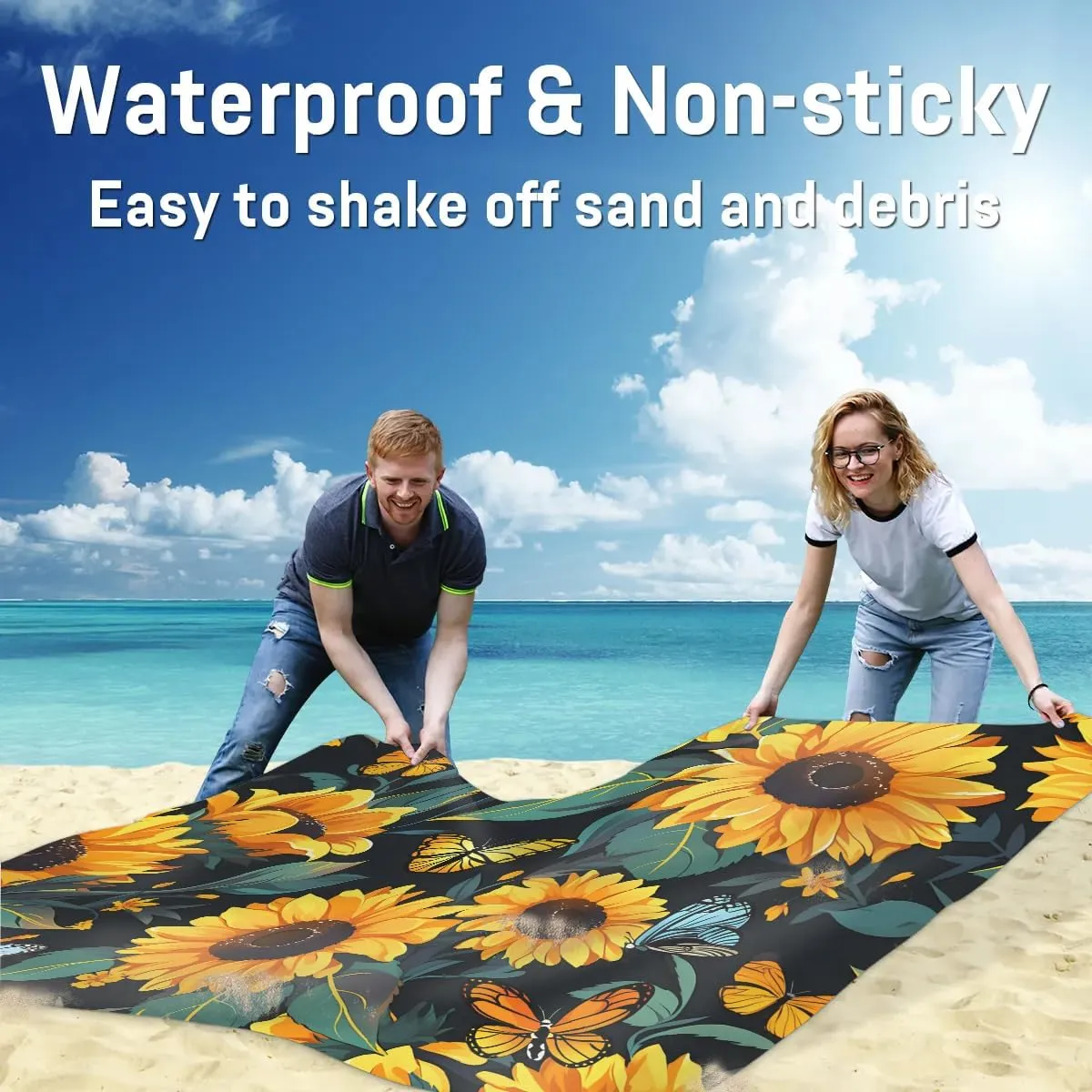 Beach Blanket, Rustic Sunflower Sandproof Beach Mat, Waterproof Quick Drying Sand Free Mat with 4 x Ground Spikes for Outdoor Travel Camping Hiking, Yellow Sunflower Butterfly 68 x 59 in