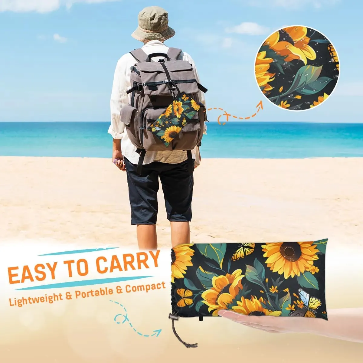 Beach Blanket, Rustic Sunflower Sandproof Beach Mat, Waterproof Quick Drying Sand Free Mat with 4 x Ground Spikes for Outdoor Travel Camping Hiking, Yellow Sunflower Butterfly 68 x 59 in