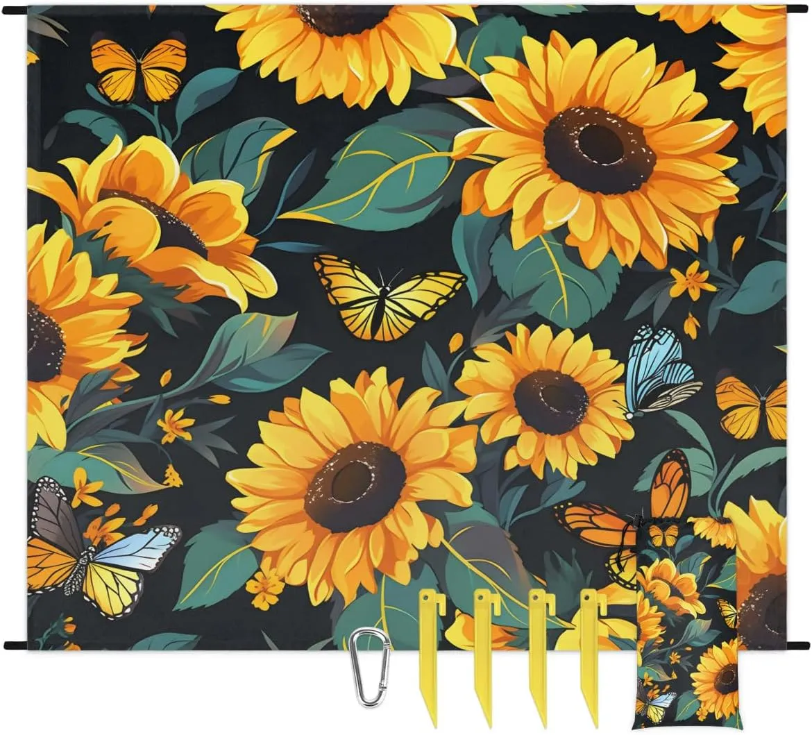 Beach Blanket, Rustic Sunflower Sandproof Beach Mat, Waterproof Quick Drying Sand Free Mat with 4 x Ground Spikes for Outdoor Travel Camping Hiking, Yellow Sunflower Butterfly 68 x 59 in