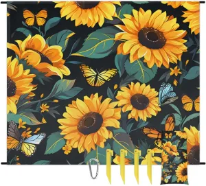 Beach Blanket, Rustic Sunflower Sandproof Beach Mat, Waterproof Quick Drying Sand Free Mat with 4 x Ground Spikes for Outdoor Travel Camping Hiking, Yellow Sunflower Butterfly 68 x 59 in