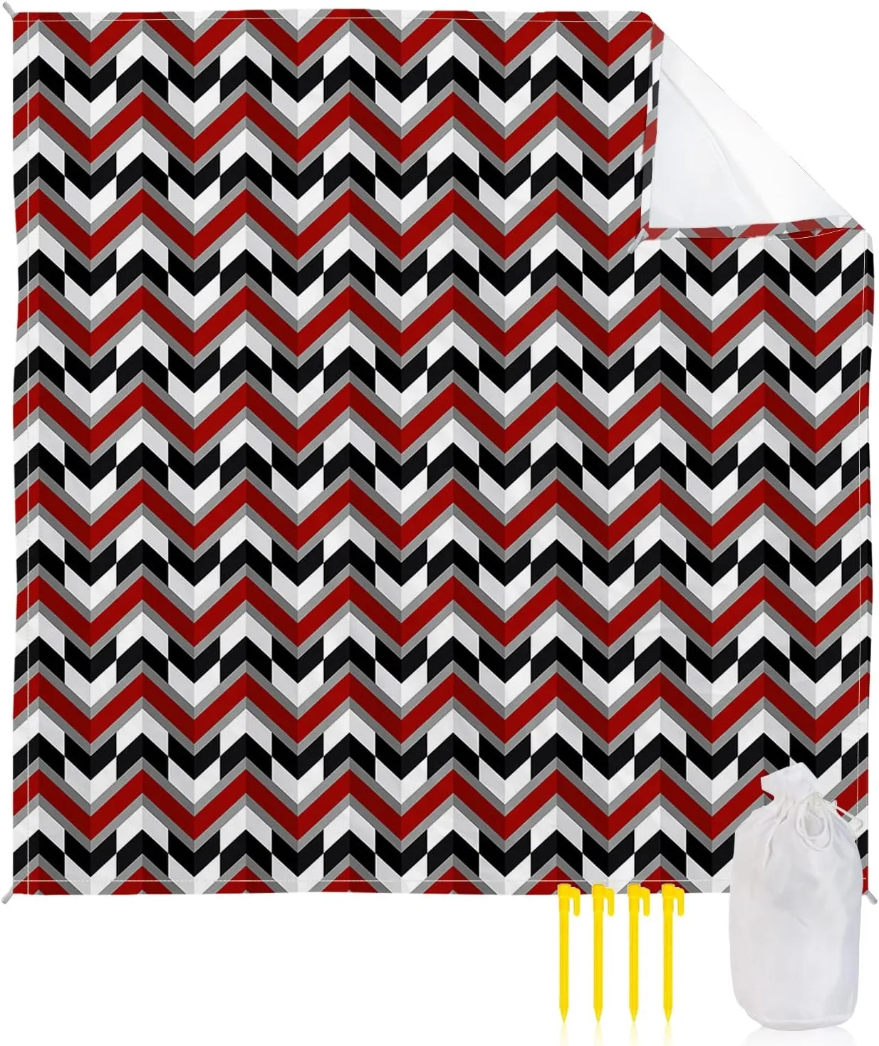 Beach Blanket Sandproof, Abstract Black Red Herringbone Pattern Waterproof Beach Mat Lightweight Quick Drying Picnic Blanket Beach Essentials for Travel Camping Hiking 108x84in