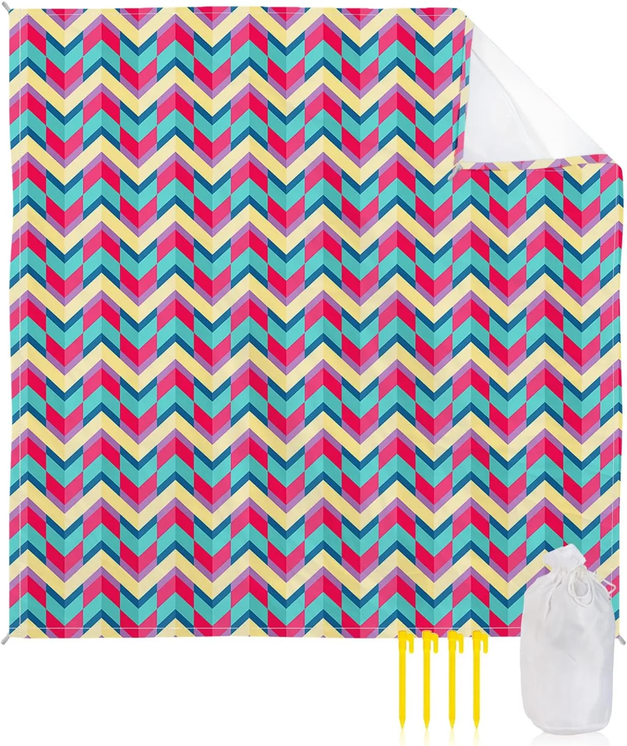 Beach Blanket Sandproof, Abstract Red Aqua Herringbone Pattern Waterproof Beach Mat Lightweight Quick Drying Picnic Blanket Beach Essentials for Travel Camping Hiking 118x108in