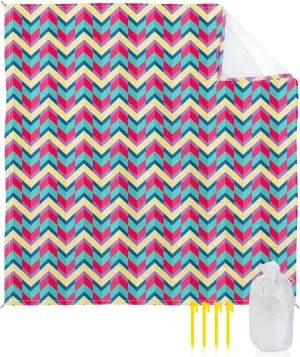 Beach Blanket Sandproof, Abstract Red Aqua Herringbone Pattern Waterproof Beach Mat Lightweight Quick Drying Picnic Blanket Beach Essentials for Travel Camping Hiking 118x108in