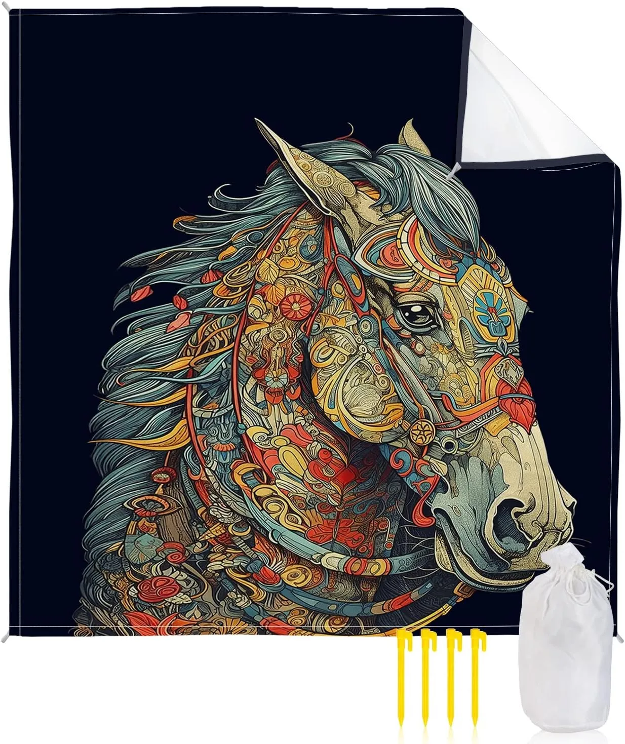 Beach Blanket Sandproof, Animal Horsehead Abstract Geometric Pattern Waterproof Beach Mat Lightweight Quick Drying Picnic Blanket Beach Essentials for Travel Camping Hiking 95x80in