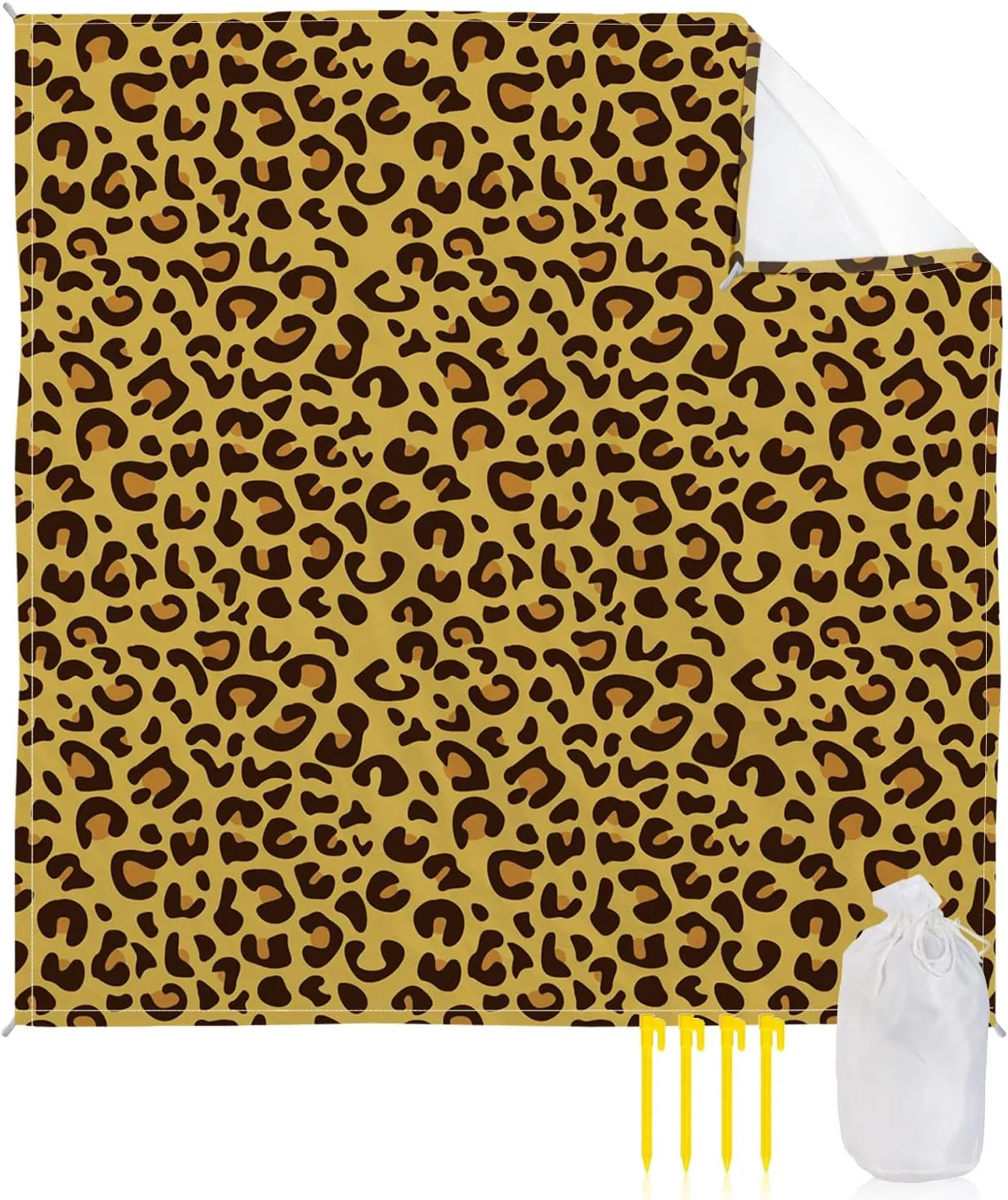 Beach Blanket Sandproof, Animal Skin Texture Yellow Leopard Print Waterproof Beach Mat Lightweight Quick Drying Picnic Blanket Beach Essentials for Travel Camping Hiking 108x84in