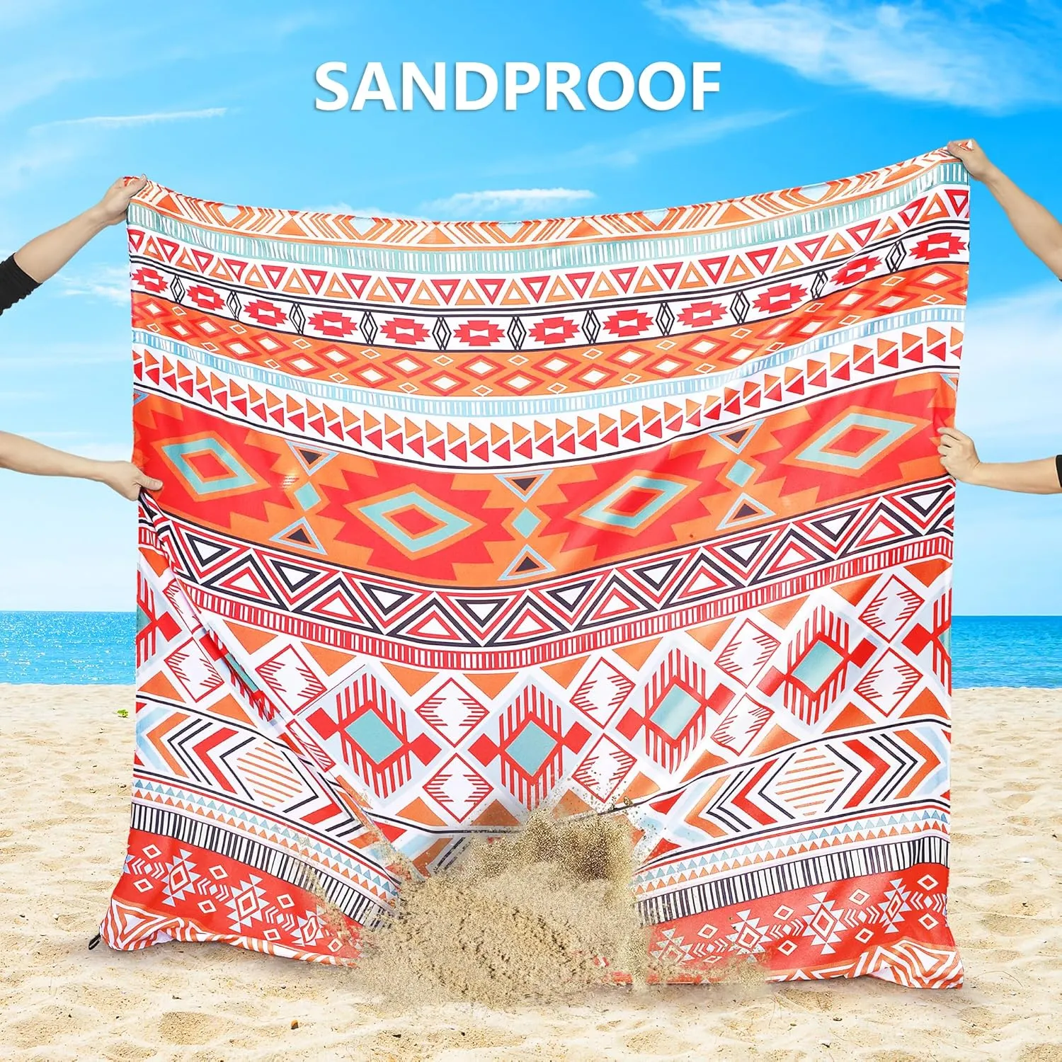 Beach Blanket, Sandproof Beach Mat, Waterproof Quick Drying Lightweight Outdoor Aztec Picnic Mat 79" X 83"/120"x108" for 2-8 Adults for Travel, Camping, Hiking
