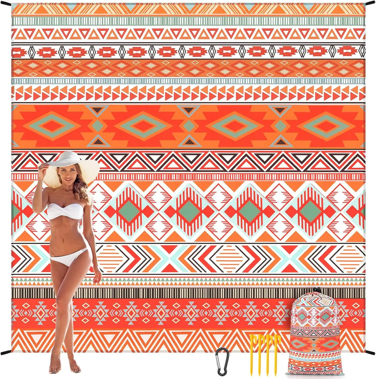 Beach Blanket, Sandproof Beach Mat, Waterproof Quick Drying Lightweight Outdoor Aztec Picnic Mat 79" X 83"/120"x108" for 2-8 Adults for Travel, Camping, Hiking