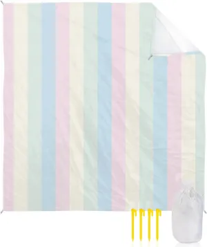 Beach Blanket Sandproof, Blue Green Yellow Pink Stripe Waterproof Beach Mat Lightweight Quick Drying Picnic Blanket Beach Essentials for Travel Camping Hiking 118x108in