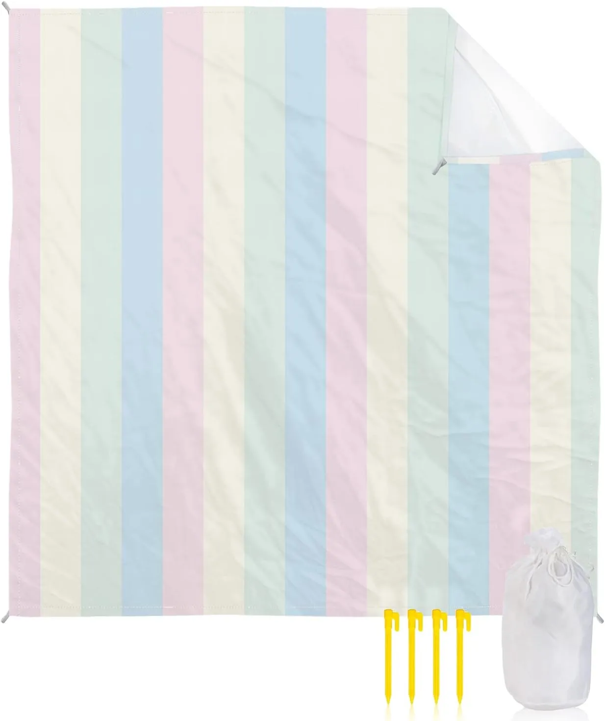Beach Blanket Sandproof, Blue Green Yellow Pink Stripe Waterproof Beach Mat Lightweight Quick Drying Picnic Blanket Beach Essentials for Travel Camping Hiking 118x108in