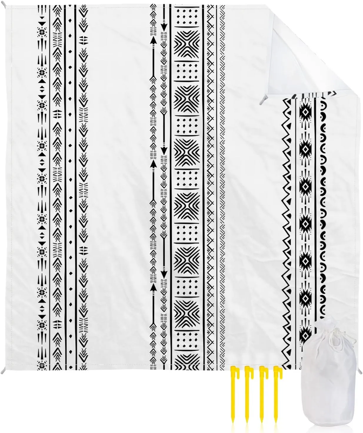 Beach Blanket Sandproof, Bohemian Abstract Black White Lines Boho Waterproof Beach Mat Lightweight Quick Drying Picnic Blanket Beach Essentials for Travel Camping Hiking 95x80in