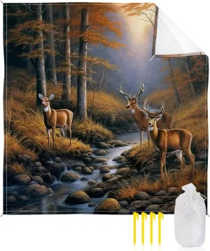 Beach Blanket Sandproof, Deer Standing by a Stream Deep in The Forest Waterproof Beach Mat Lightweight Quick Drying Picnic Blanket Beach Essentials for Travel Camping Hiking 95x80in