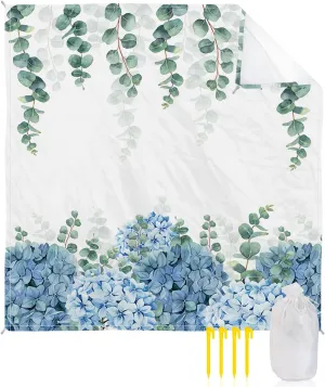 Beach Blanket Sandproof, Eucalyptus Green Leaves Plant Blue Flowers Floral Waterproof Beach Mat Lightweight Quick Drying Picnic Blanket Beach Essentials for Travel Camping Hiking 108x84in
