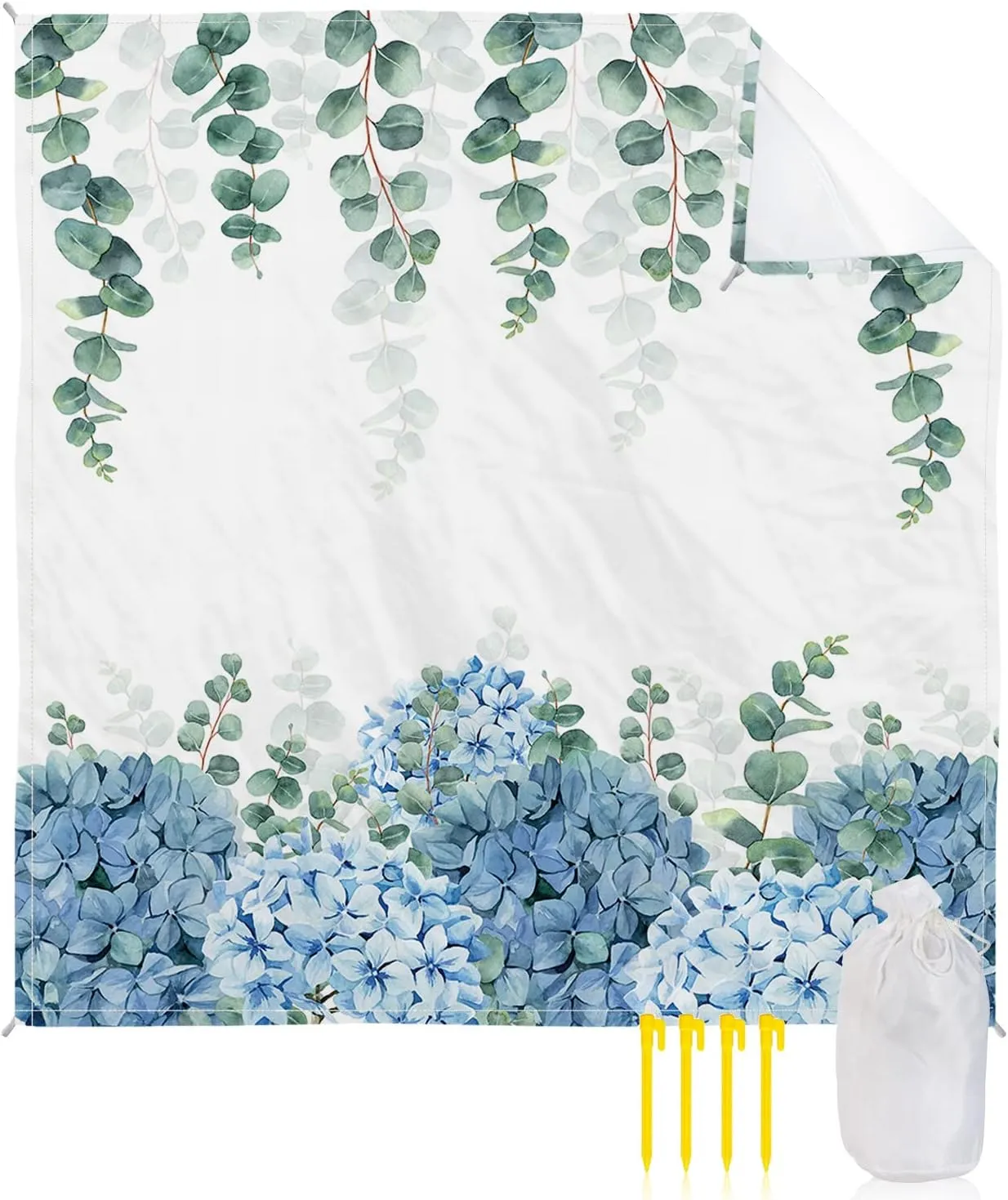 Beach Blanket Sandproof, Eucalyptus Green Leaves Plant Blue Flowers Floral Waterproof Beach Mat Lightweight Quick Drying Picnic Blanket Beach Essentials for Travel Camping Hiking 108x84in
